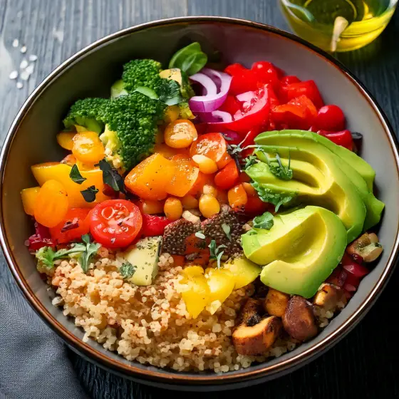 Gemüse-Quinoa-Bowl mit Avocado und Kichererbsen